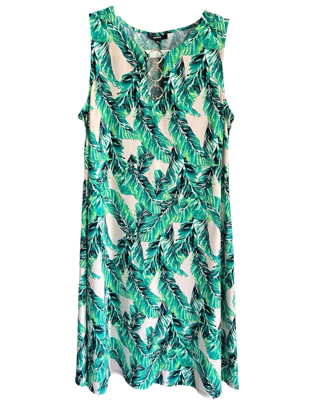 MSK Green and White Tropical Leaf Dress with Gold Ring Detail